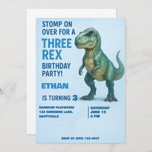 T-Rex Verjaardag Uitnodiging - Jongen Leeftijd 3 (Voorkant / Achterkant)