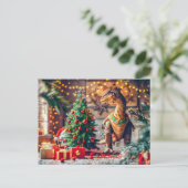 T-Rex viert kerst bij de boom Feestdagenkaart (Staand voorkant)