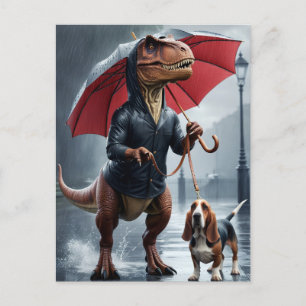 T-Rex wandelende Basset hound in de regen Briefkaart