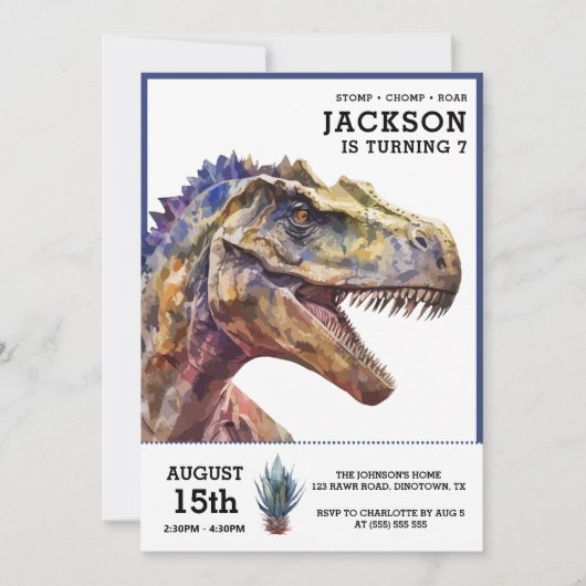 T-Rex Waterverf Dinosaur Kids Verjaardagsfeest Kaart (Voorkant)