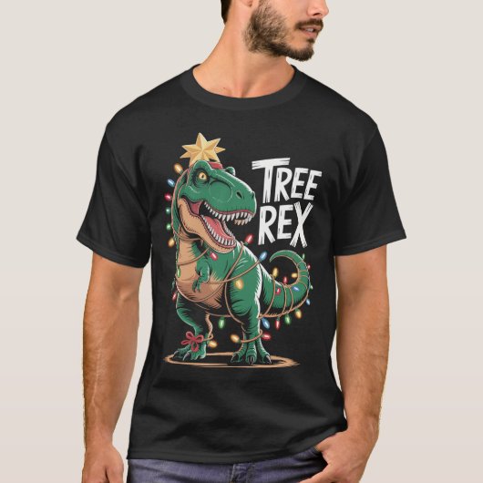T-Rex Xmas Shirt – Dinosaurier mit Lichterkette (Voorkant)