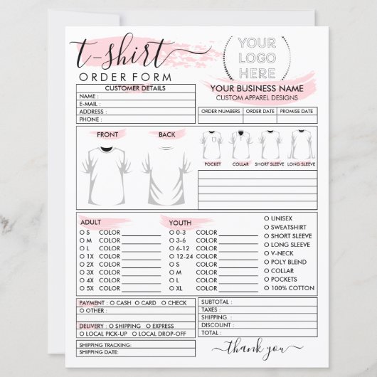 T-shirt bestelformulier voor bedrukte kleding (Voorkant)