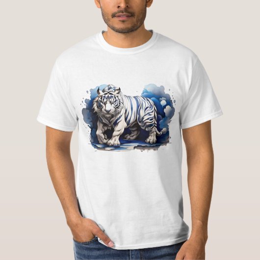 T-Shirt Blauwe Tijger op wolken Ontwerp Angry Stal (Voorkant)
