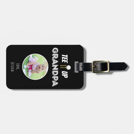 T-shirt het op Opa Custom Photo Vaderdag Zwart Bagagelabel (Voorkant horizontaal)