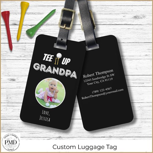 T-shirt het op Opa Custom Photo Vaderdag Zwart Bagagelabel