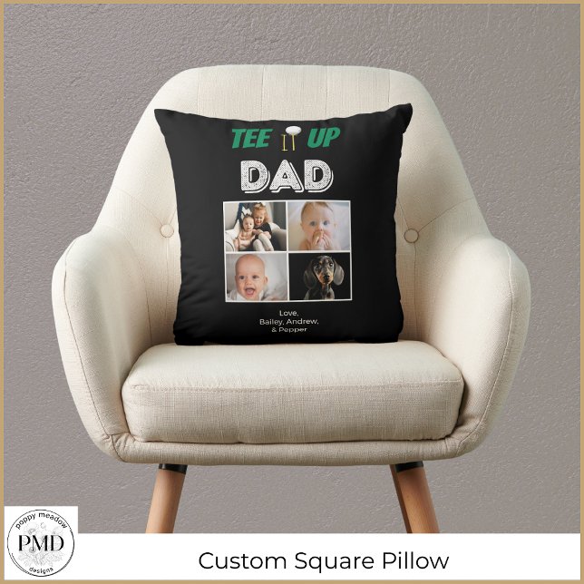 T-shirt het op pap aangepaste Vaderdag 4 foto Kussen (Tee It Up Dad Custom Fathers Day 4 Photo Square Throw Pillow with Children's Names, Photos.)
