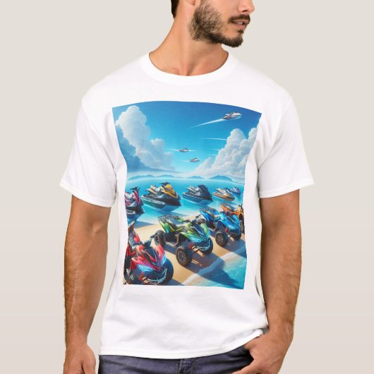 T-shirt Jetski's Waverunners, en ATVs Strand (Voorkant)