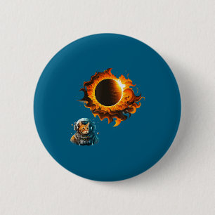T-shirt Kat Astronaut Kijkt naar Zonsverduistering Ronde Button 5,7 Cm