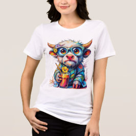 T-shirt Kleurrijke Koe met een Koel Drankje