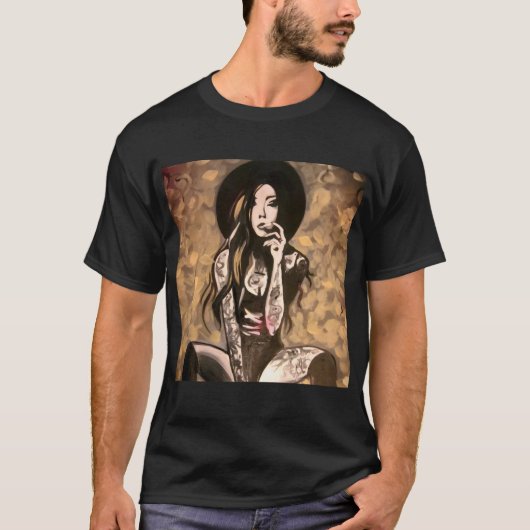 T-shirt met abstracte kunst van randstedige vrouw (Voorkant)