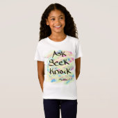 T-shirt met afbeelding "Vraag, zoek, knok" (Voorkant volledig)