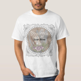 T-shirt met biddende handen en rozenkrans