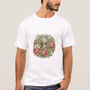 T-shirt met bloemmedaillon en kolibrie in botanisc