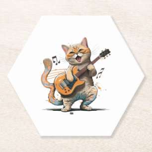 T-shirt met cute kat die gitaar speelt, Cool kitty Kartonnen Onderzetters