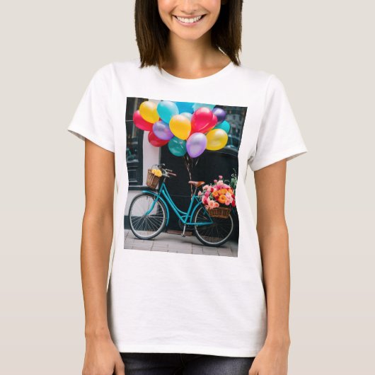 T-shirt met design fiets en ballonnen (Voorkant)