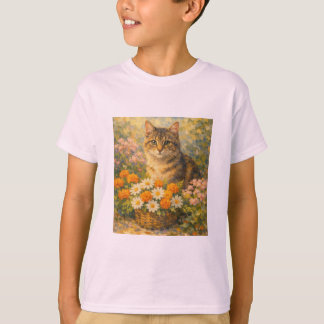 T-shirt met een leuk kitten in een bloementuin in 