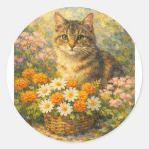 T-shirt met een leuk kitten in een bloementuin in ronde sticker
