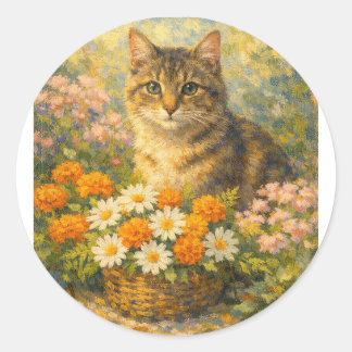 T-shirt met een leuk kitten in een bloementuin in  ronde sticker
