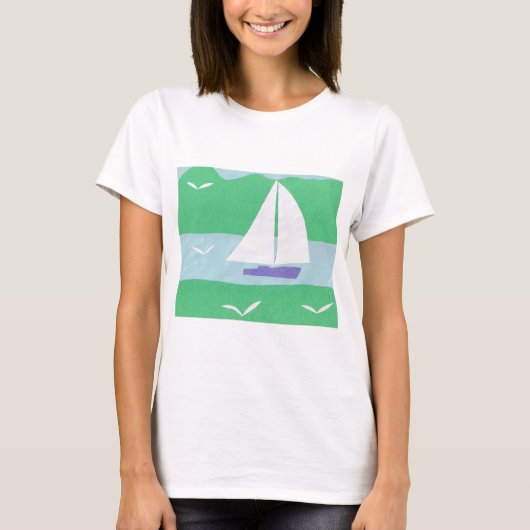 T-shirt met een ontwerp voor een zeilboot en bergp (Voorkant)