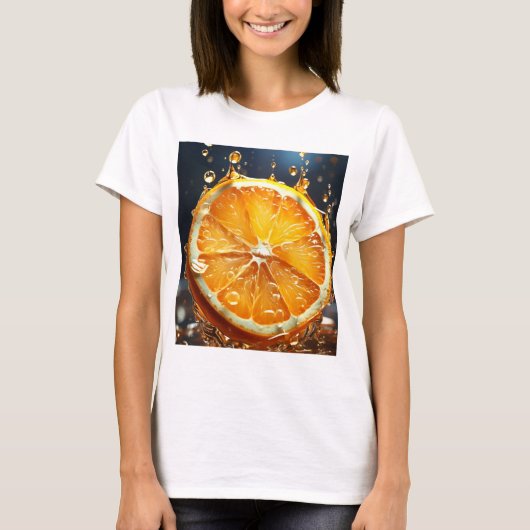 T-shirt met een print van felle oranje plakjes. (Voorkant)