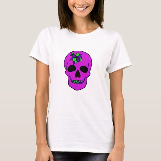 T-shirt met een roze schedel en bloem (Voorkant)