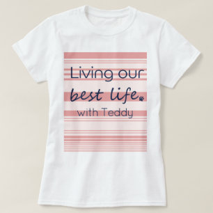 T-shirt met eigen naam hond roze strepen voor vrou