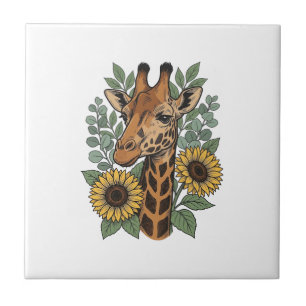 T-shirt met gegraveerde giraffe zonnebloem bloemen tegeltje