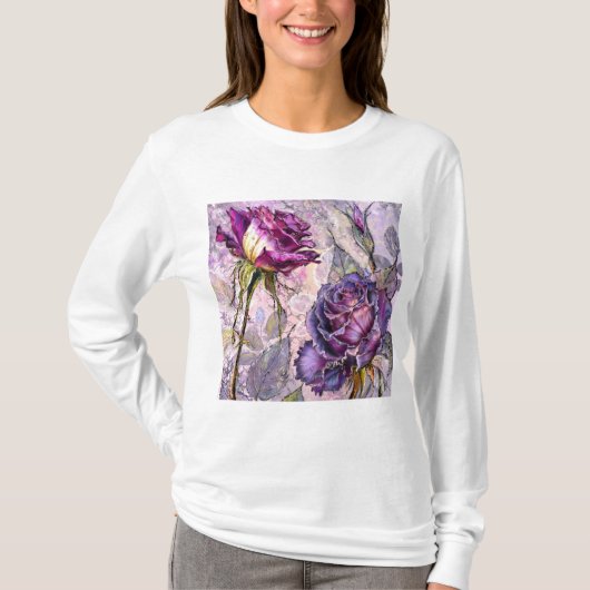 T-shirt met geschilderde paarse rozen (Voorkant)