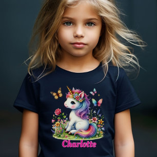 T-Shirt met glitter bloem eenhoorn zwart