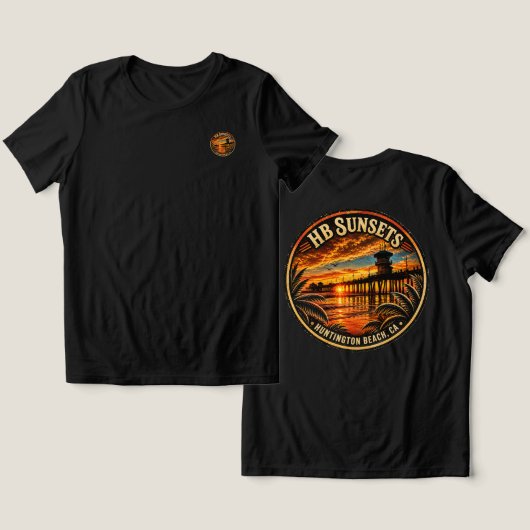 T-shirt met Huntington Beach Sunset (Ontwerp Voorkant & Achterkant)