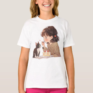 T-shirt met illustratie van meisje dat kat voert