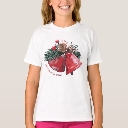 T-shirt met kerstballen – Ring in the Joy (Voorkant)