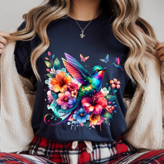 T-shirt met kolibrie's en kleurrijke bloemboeket