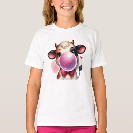 T-shirt met leuke koe blaasbubbel kauwgom (Voorkant)