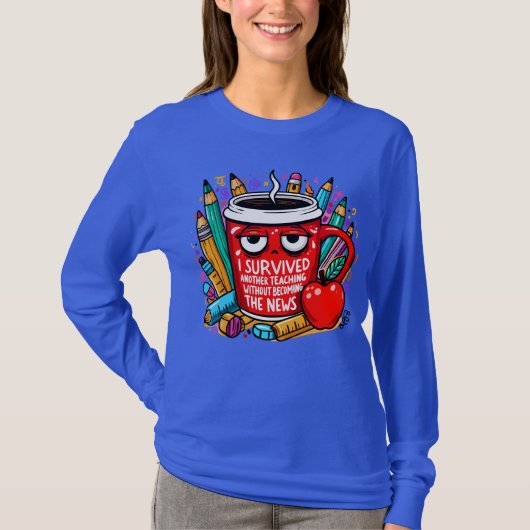 T-shirt met opschrift "Teacher Survival Coffee" - (Voorkant)