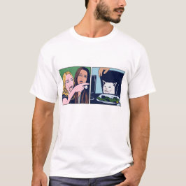 T-shirt met pop-artstijl meme van vrouw die tegen