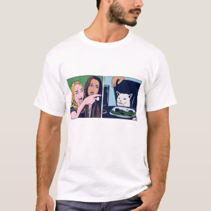 T-shirt met pop-artstijl meme van vrouw die tegen