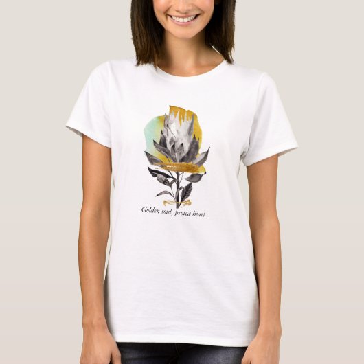 T-shirt met protea bloem, goud en tekst (Voorkant)