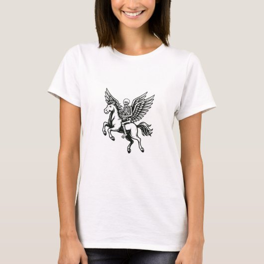T-shirt met skeletrijder op gevleugeld paard (Voorkant)