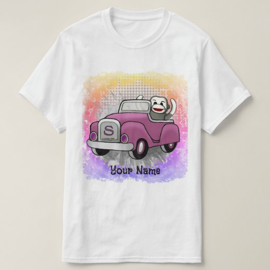 T-shirt met sokpop die auto rijdt (Design voorkant)