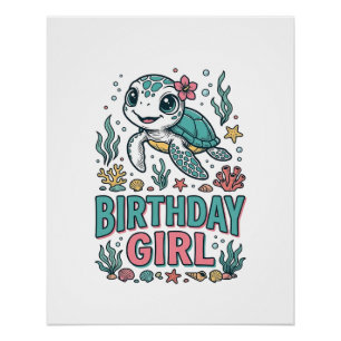 T-shirt met verjaardagsmeisje zeeschildpad en vint perfect poster