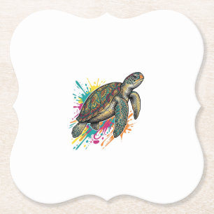 T-shirt met vintage-gravure zeeschildpad kleurensp kartonnen onderzetters