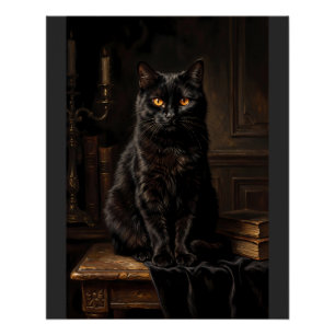 T-shirt met vintage mystieke zwart kat portret oli perfect poster