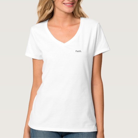 T-shirt met witte V-hals "Geloof" (Voorkant)