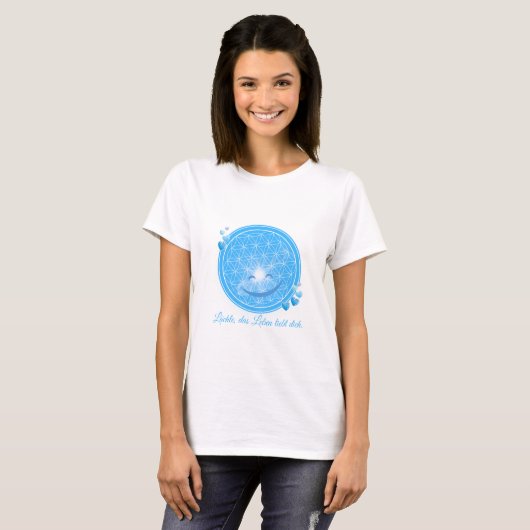 T-Shirt mit Blume des Lebens & Blüten Blau, Herz (Voorkant volledig)