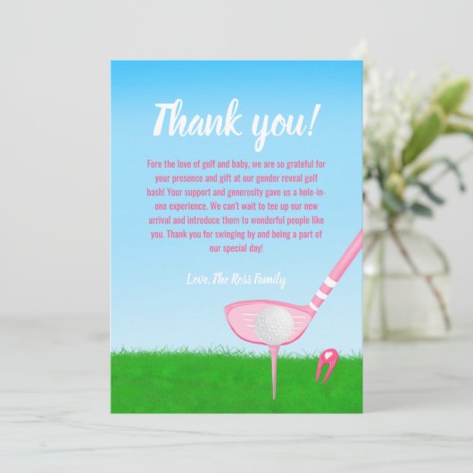 T-shirt omhoog roze Golf Gender onthullen Baby Dan Bedankkaart (Staand voorkant)