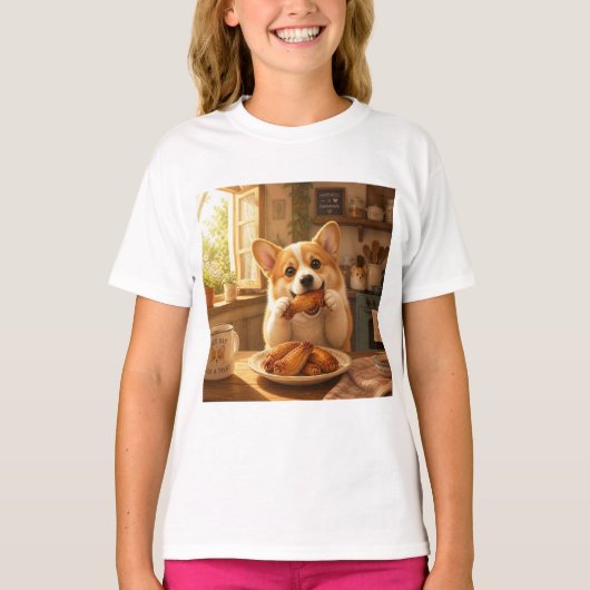 T-shirt ontwerp van hond die kip eet  (Voorkant)