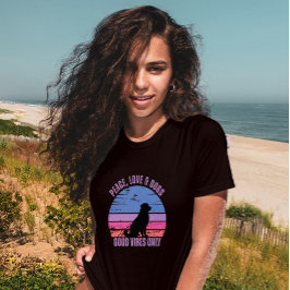 T-shirt "Peace, Love, Dogs", retro zonsondergang T