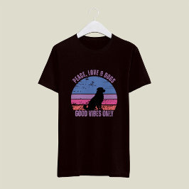 T-shirt "Peace, Love, Dogs", retro zonsondergang T