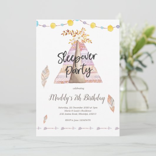 T-shirt Pee Sleepover Girl Birthday Party Kaart (Staand voorkant)